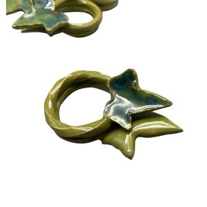 Handmade Artisan Signed Green Leaf Design studio AM pottery Set/8 Napkin Rings